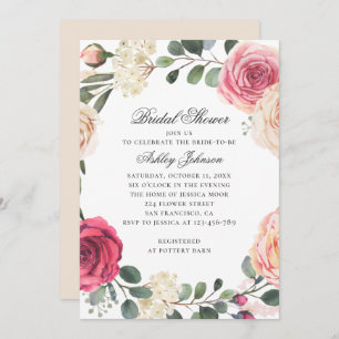 Invitación Rosas acuarelas. Elegante ducha de novia floral