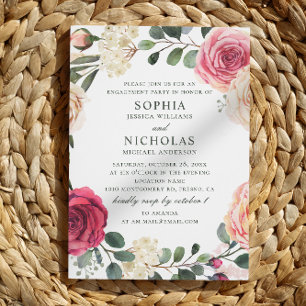 Invitación Rosas acuarelas. Elegante fiesta de compromiso flo
