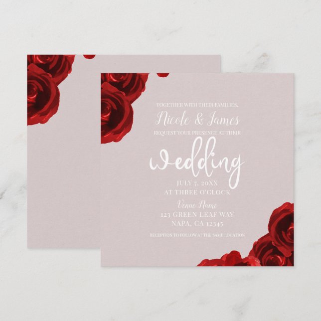 Invitación Rosas acuarelas rojas beiges Modernas Bodas (Anverso / Reverso)