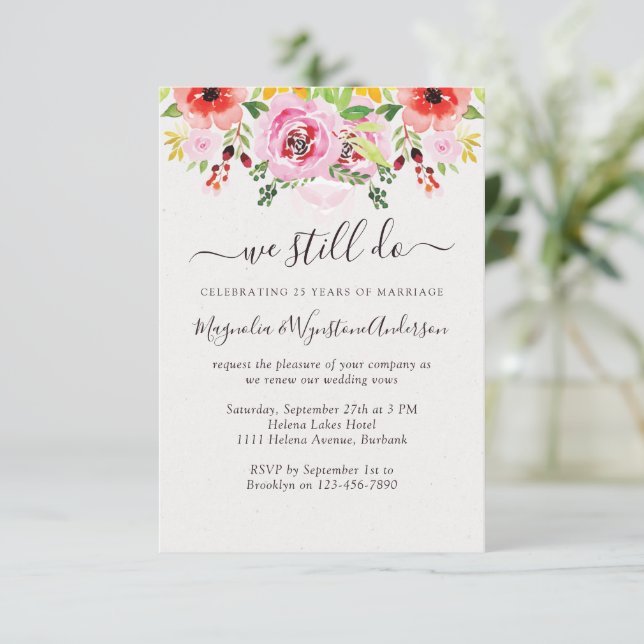 Invitación Rosas acuarollas Florales Renovación del voto mode (Anverso de pie)