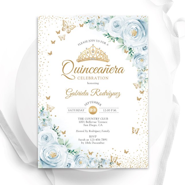 Invitación Rosas acuáticos Baby Blue Floral Quinceanera (Subido por el creador)