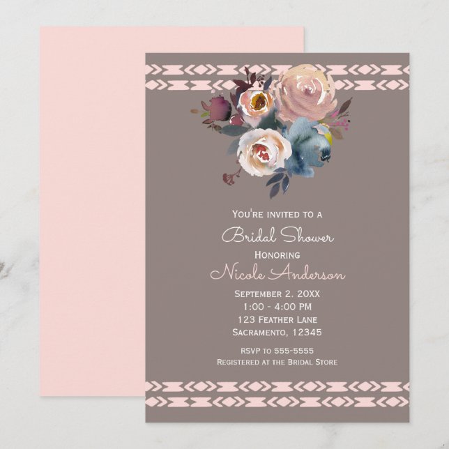 Invitación Rosas acuáticos Boho Taupe rosa Ducha de novias (Anverso / Reverso)