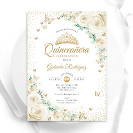 Invitación Rosas acuáticos Cream Gold Floral Quinceanera
