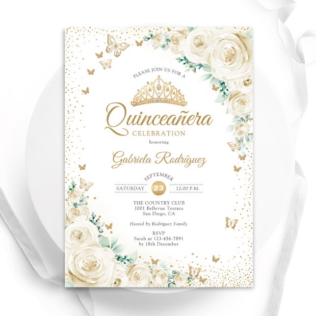 Invitación Rosas acuáticos Cream Gold Floral Quinceanera (Subido por el creador)