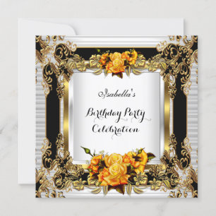 Invitación Rosas Amarillas Elegantes Blancas Negras Cumpleaño