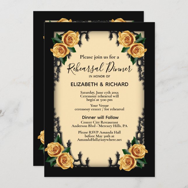 Invitación Rosas amarillas Ensayo gótico Cena Amarillo (Anverso / Reverso)