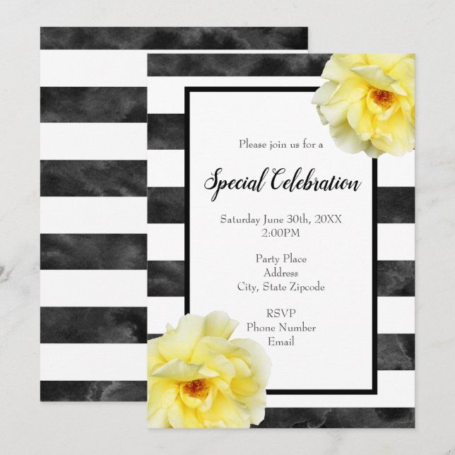 Invitación Rosas amarillas, franjas acuáticas negras y blanca (Anverso / Reverso)