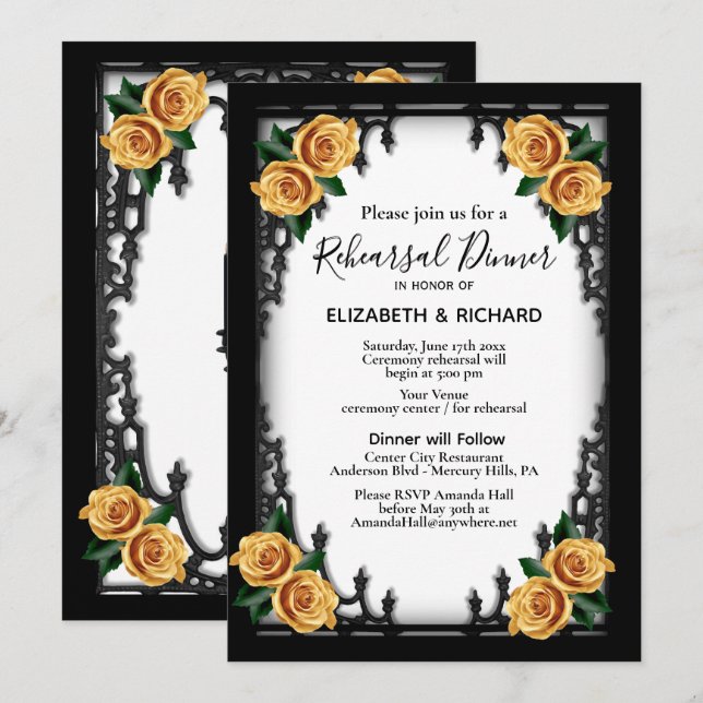 Invitación Rosas Amarillas Gótica Ensayo Cena Blanca (Anverso / Reverso)