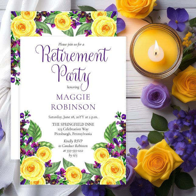 Invitación Rosas Amarillas |Infringe al Fiesta de Jubilación  (Elegant Yellow Roses and Purple Violets Floral Retirement Party Invitation - Print | Digital)