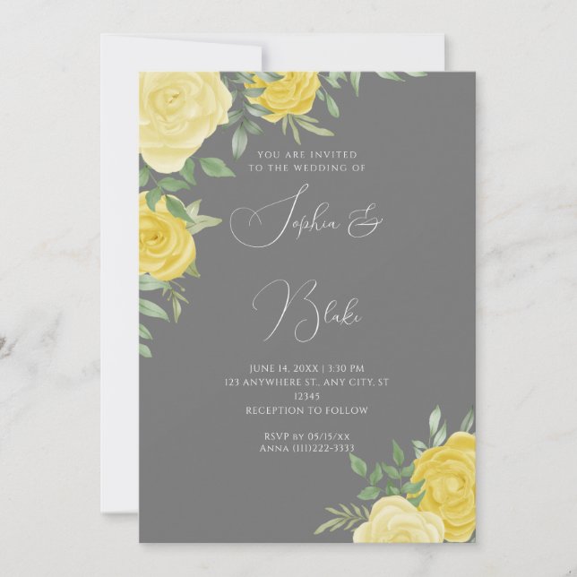 Invitación Rosas Amarillas Modernas Boda Gris Elegante (Anverso)