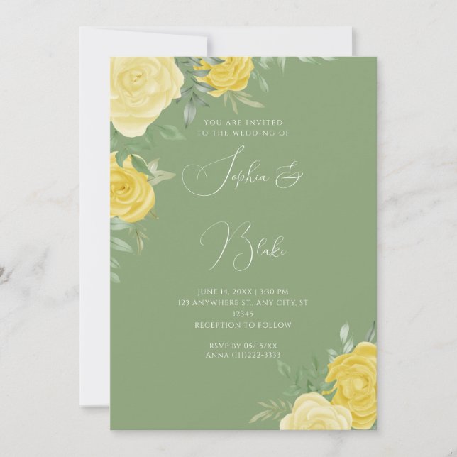 Invitación Rosas Amarillas Modernas Boda Verde Elegante (Anverso)