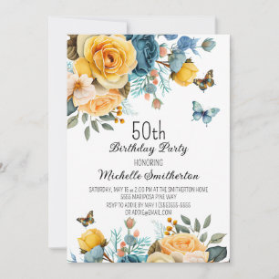Invitación Rosas amarillas polvorientas azules Mariposas Cump