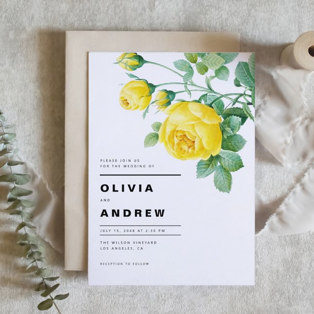 Invitación Rosas Amarillas Románticas Boda Botánico (Romantic Yellow Roses Botanical Wedding Invitation)
