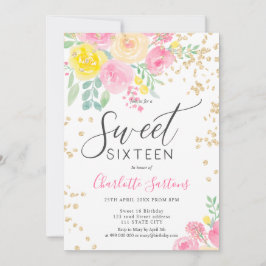 Invitación Rosas amarillas rosadas guión dorado floral dulce 