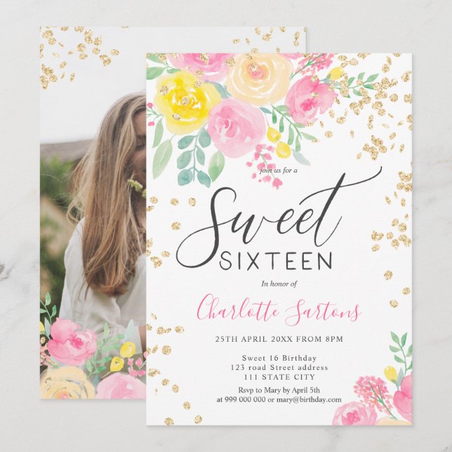 Invitación Rosas amarillas rosadas guión dorado floral dulce  (Anverso / Reverso)