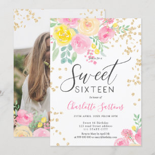 Invitación Rosas amarillas rosadas guión dorado floral dulce