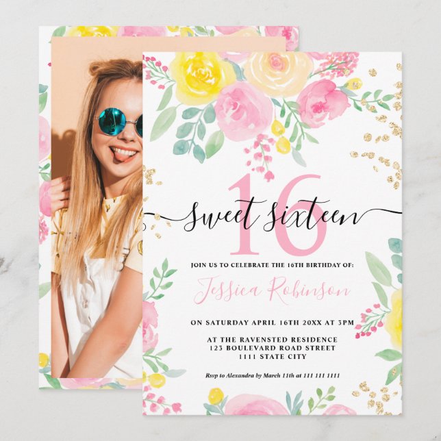 Invitación Rosas amarillas rosas ordeñosas de oro floral Swee (Anverso / Reverso)