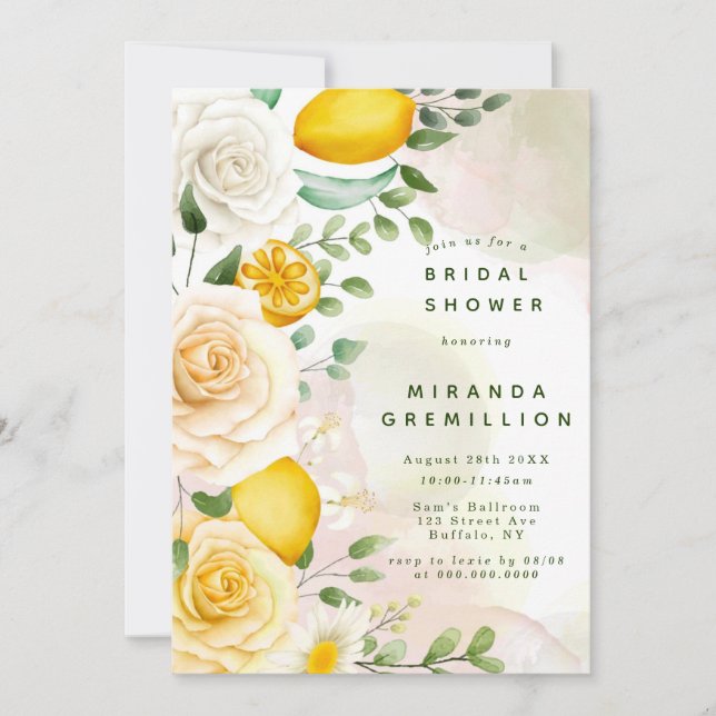 Invitación Rosas amarillas suaves y ducha de novias con lémon (Anverso)