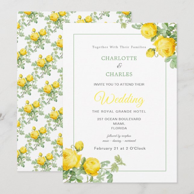 Invitación Rosas Amarillas Sunny Elegante Boda Floral (Anverso / Reverso)