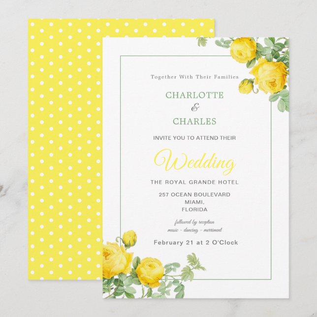 Invitación Rosas Amarillas Sunny Elegante Boda Floral (Anverso / Reverso)