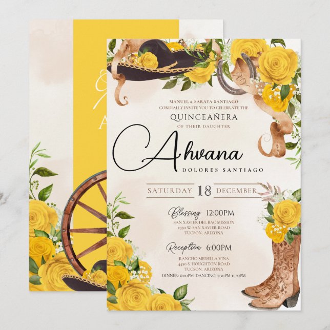Invitación Rosas Amarillas Vieja Charro Occidental Quinceañer (Anverso / Reverso)