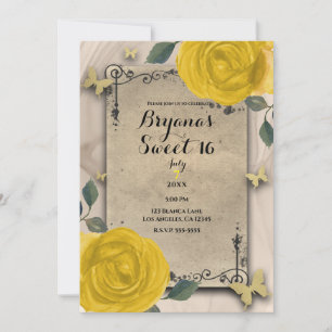 Invitación Rosas Amarillas Vintage del Viejo Mundo Mariposa D