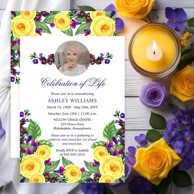 Invitación Rosas Amarillas |Viola la celebración floral de la (Elegant Yellow Roses and Purple Violets Floral 90th Celebration of Life Invitation - Print | Digital)