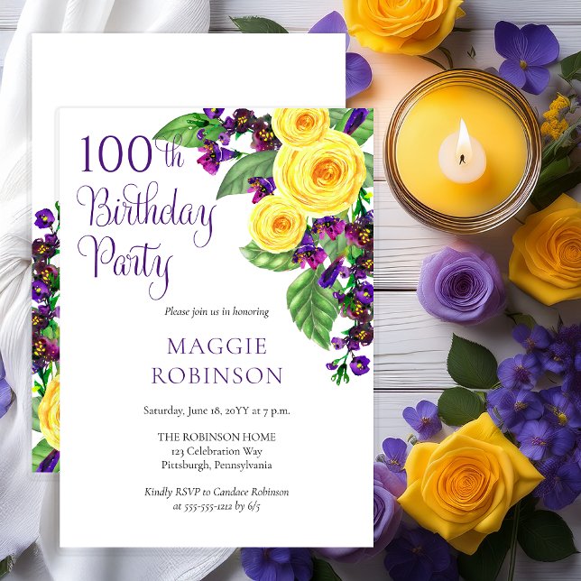 Invitación Rosas Amarillas violan centenaria fiesta de cumple (Elegant Yellow Roses and Purple Violets Floral 100th Birthday Party Invitation - Print | Digital)