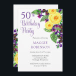 Invitación Rosas Amarillas Violeta 50.ª fiesta de cumpleaños<br><div class="desc">Celebrando tu 50° "fiesta de cumpleaños" con rosas amarillas y violetas violetas y esa es la base de este diseño floral en cascada con texto de escritura morada. Diseño compuesto por Holiday Hearts Designs (derechos reservados). Si tiene alguna pregunta o necesita ayuda con el diseño, por favor envíenos un mensaje...</div>