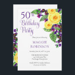 Invitación Rosas Amarillas Violeta 50.ª fiesta de cumpleaños<br><div class="desc">Celebrando tu 50° "fiesta de cumpleaños" con rosas amarillas y violetas violetas y esa es la base de este diseño floral en cascada con texto de escritura morada. Diseño compuesto por Holiday Hearts Designs (derechos reservados). Si tiene alguna pregunta o necesita ayuda con el diseño, por favor envíenos un mensaje...</div>