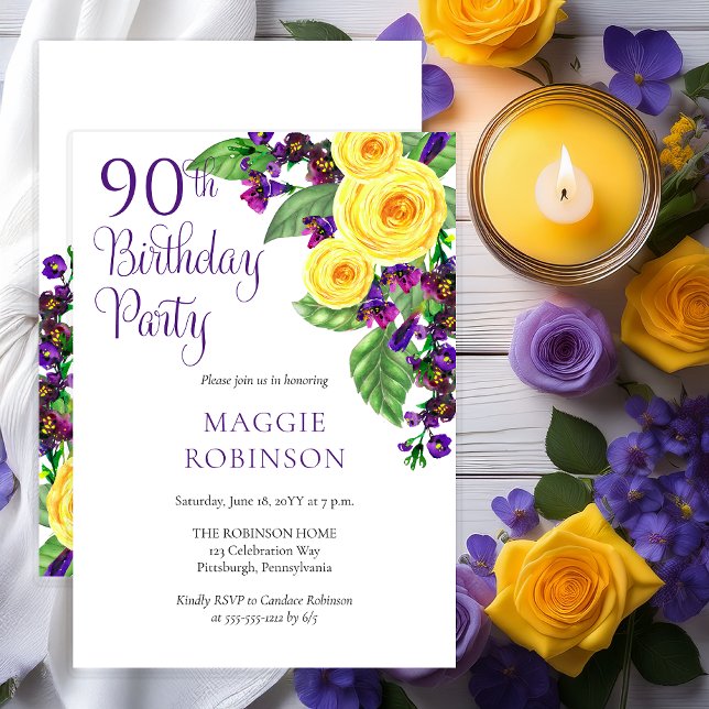 Invitación Rosas Amarillas Violeta Novena Fiesta de Cumpleaño (Elegant Yellow Roses and Purple Violets Floral 90th Birthday Party Invitation - Print | Digital)