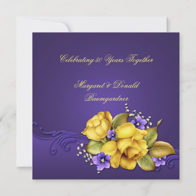 Invitación Rosas Amarillas Violetas Purpura 50 Aniversario (Anverso)