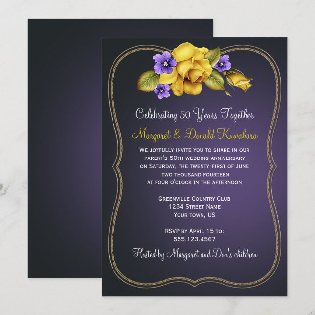 Invitación Rosas Amarillas Violetas Púrpuras Marco Ornato Oro (Anverso / Reverso)