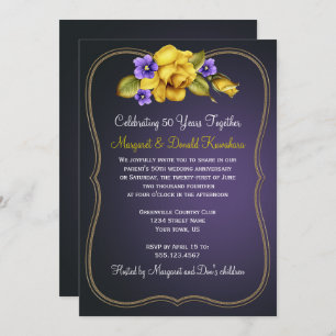 Invitación Rosas Amarillas Violetas Púrpuras Marco Ornato Oro