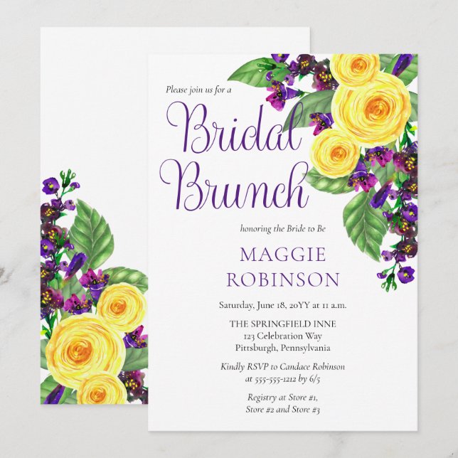 Invitación Rosas Amarillas | Violets Boho Floral Bridal Brunc (Anverso / Reverso)