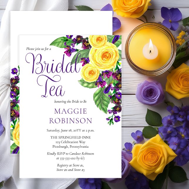 Invitación Rosas Amarillas | Violets Boho Floral Bridal Tea (Elegant Yellow Roses and Purple Violets Floral Bridal Tea Shower Invitation - Print | Digital)