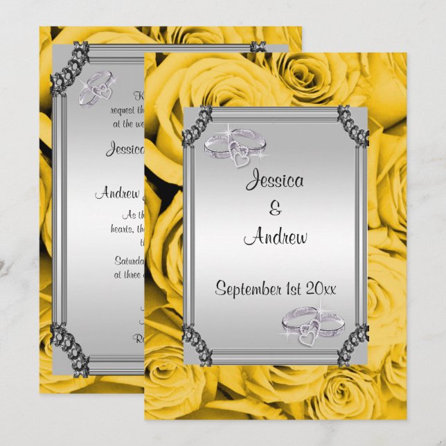 Invitación Rosas amarillas y anillos Bodas de diamantes (Anverso / Reverso)