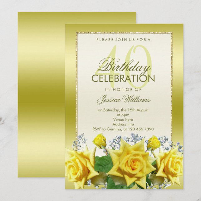 Invitación Rosas amarillas y Purpurinas de oro 40 cumpleaños (Anverso / Reverso)