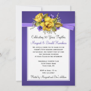 Invitación Rosas amarillas y violetas púrpuras Aniversario 50