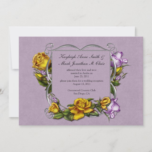 Invitación Rosas amarillos y morados celebran Boda post  (Anverso)
