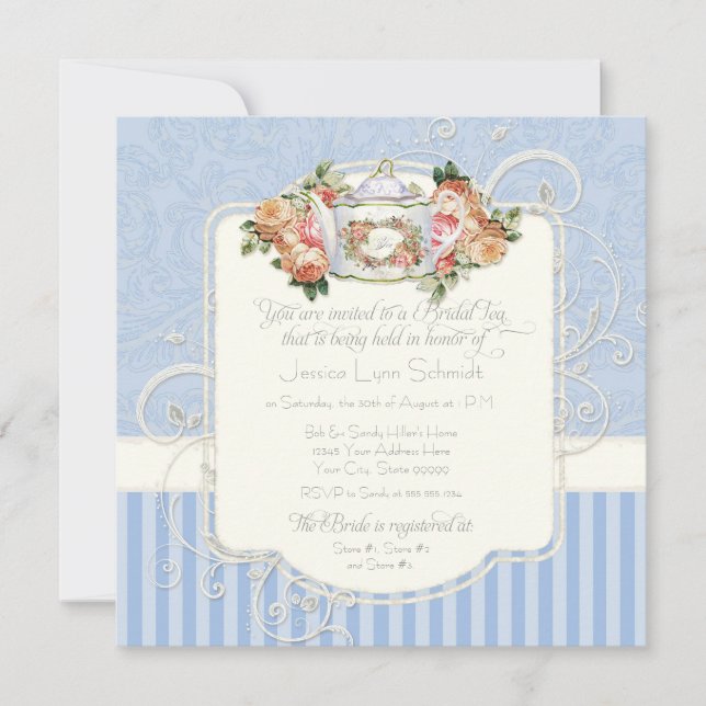 Invitación Rosas antiguos de época Floral Bouquet azul blanco (Anverso)