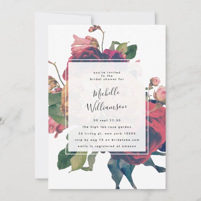 Invitación Rosas antiguos vintage Bohemian Bridal Shower (Anverso)