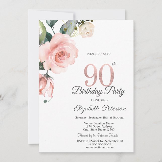 Invitación Rosas Aquarela de Rubor Cumpleaños 90 (Anverso)