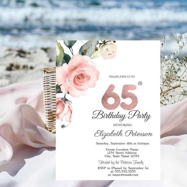 Invitación Rosas Aquarela Rubor Cumpleaños 65 (Subido por el creador)