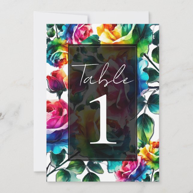 Invitación Rosas arcoiris Boda floral vibrante blanco y negro (Anverso)