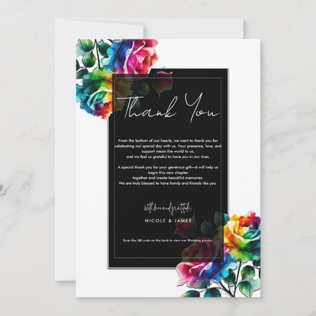 Invitación Rosas arcoiris Floral blanco negro vibrante gracia (Anverso)