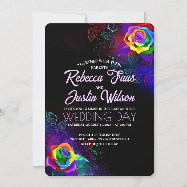 Invitación Rosas arcoiris floral moderno Boho negro (Anverso)