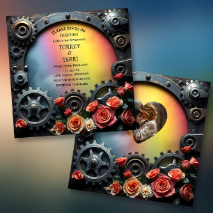 Invitación Rosas arcoiris y Metalizado Boda LGBT Steampunk