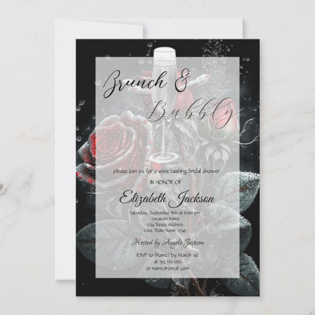 Invitación Rosas arrojan ducha de novia con vidrio de champán (Anverso)