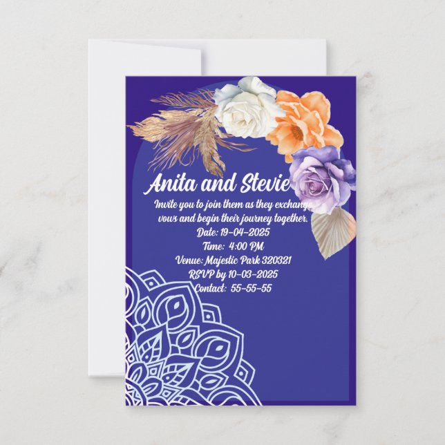Invitación Rosas azul de la marina y boda de mandala (Anverso)